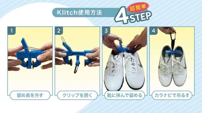 Klitchの使い方:留め具を外す、クリップを開く、靴に挟んで留める、カラビナで吊るす