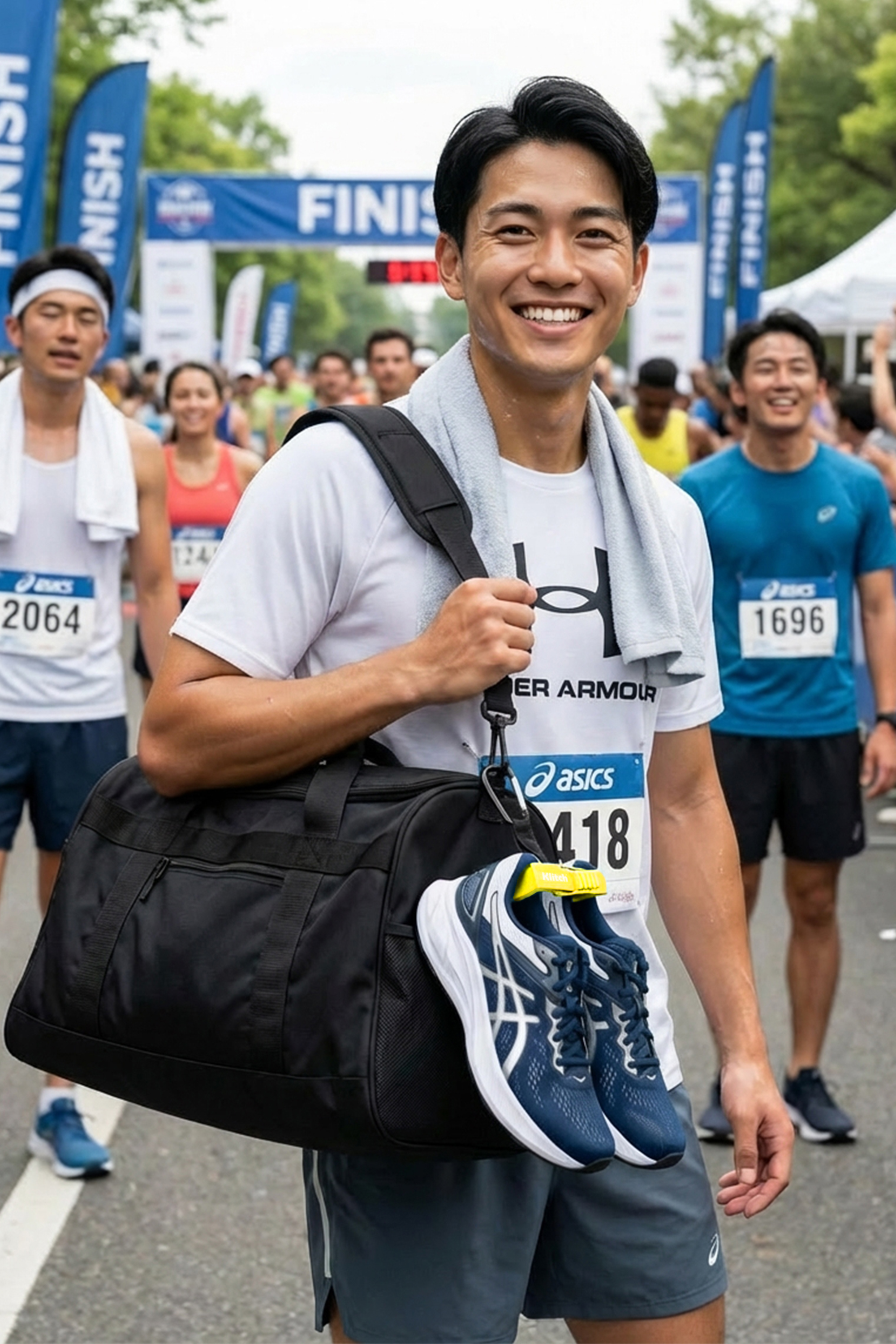 ランニングシューズをスポーツバッグの外に掛けた使用例